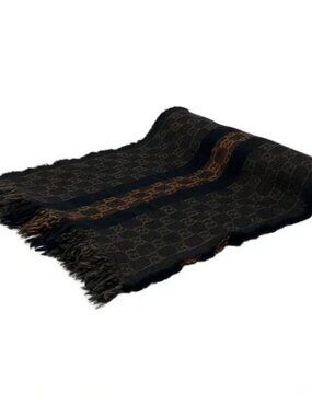 GUCCI Black Brown Dark Brown Wool Scarf
